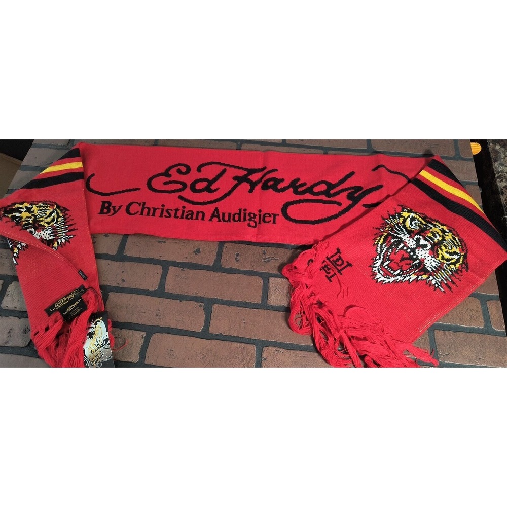 ED‎ HARDY by Christian Audigier-2000s Vintage Red Tiger Scarf~NEVER WORN~
